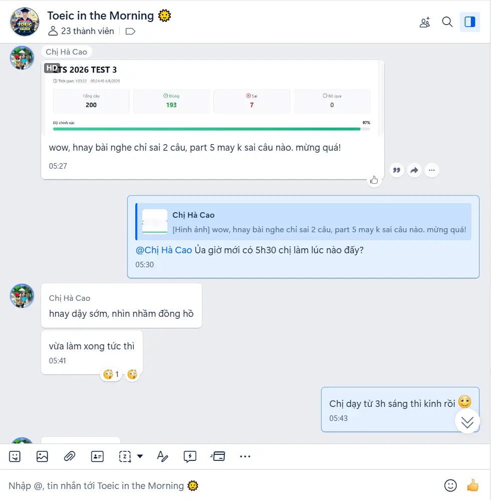 Hoạt động thực tế trong nhóm Toeic in the Morning vào khung giờ học buổi sáng