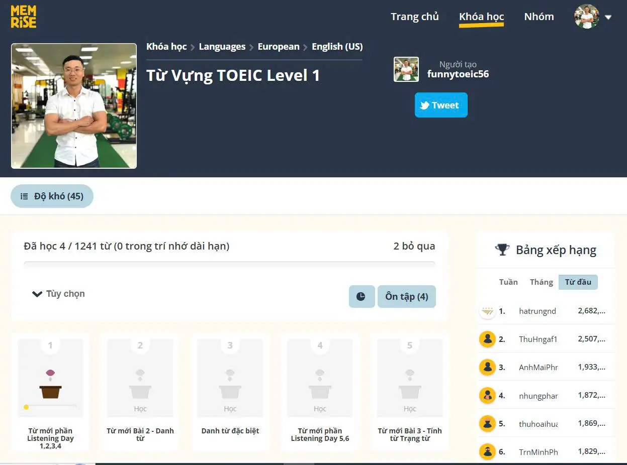 Giao diện thực tế website học 1.240 từ vựng TOEIC cơ bản trên Memrise